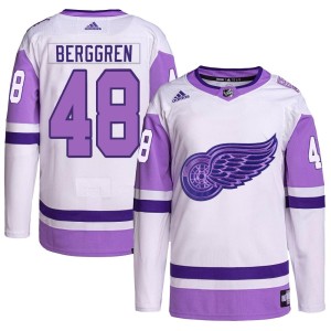 Jonatan Berggren Youth Adidas Detroit Red Wings Authentic White/Purple Hockey Fights Cancer Primegreen Jersey