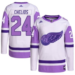 Chris Chelios Youth Adidas Detroit Red Wings Authentic White/Purple Hockey Fights Cancer Primegreen Jersey