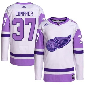 J.T. Compher Youth Adidas Detroit Red Wings Authentic White/Purple Hockey Fights Cancer Primegreen Jersey
