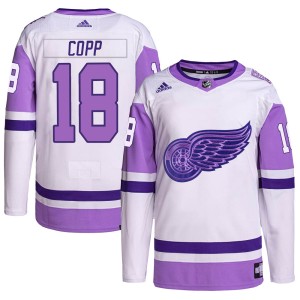 Andrew Copp Youth Adidas Detroit Red Wings Authentic White/Purple Hockey Fights Cancer Primegreen Jersey