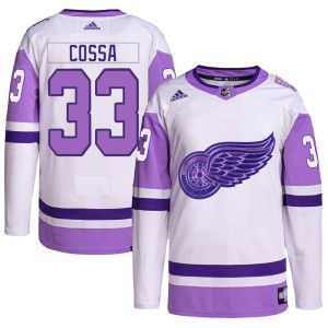 Sebastian Cossa Youth Adidas Detroit Red Wings Authentic White/Purple Hockey Fights Cancer Primegreen Jersey