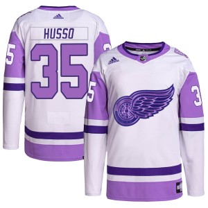 Ville Husso Youth Adidas Detroit Red Wings Authentic White/Purple Hockey Fights Cancer Primegreen Jersey