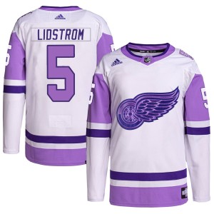 Nicklas Lidstrom Youth Adidas Detroit Red Wings Authentic White/Purple Hockey Fights Cancer Primegreen Jersey