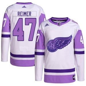 James Reimer Youth Adidas Detroit Red Wings Authentic White/Purple Hockey Fights Cancer Primegreen Jersey