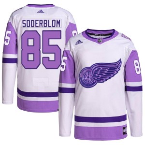 Elmer Soderblom Youth Adidas Detroit Red Wings Authentic White/Purple Hockey Fights Cancer Primegreen Jersey