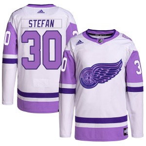 Greg Stefan Youth Adidas Detroit Red Wings Authentic White/Purple Hockey Fights Cancer Primegreen Jersey