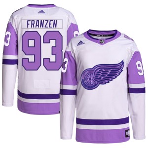 Johan Franzen Men's Adidas Detroit Red Wings Authentic White/Purple Hockey Fights Cancer Primegreen Jersey