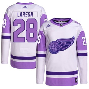 Reed Larson Men's Adidas Detroit Red Wings Authentic White/Purple Hockey Fights Cancer Primegreen Jersey