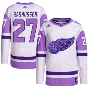 Michael Rasmussen Men's Adidas Detroit Red Wings Authentic White/Purple Hockey Fights Cancer Primegreen Jersey