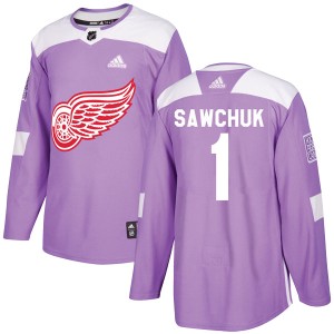 Terry Sawchuk Men's Adidas Detroit Red Wings Authentic Purple Hockey Fights Cancer Practice Jersey