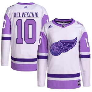 Alex Delvecchio Youth Adidas Detroit Red Wings Authentic White/Purple Hockey Fights Cancer Primegreen Jersey