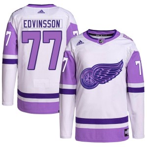 Simon Edvinsson Youth Adidas Detroit Red Wings Authentic White/Purple Hockey Fights Cancer Primegreen Jersey