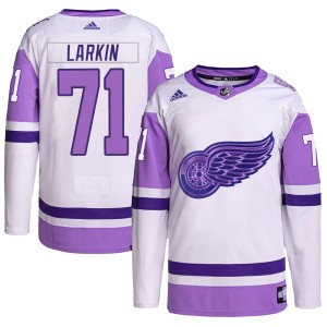 Dylan Larkin Youth Adidas Detroit Red Wings Authentic White/Purple Hockey Fights Cancer Primegreen Jersey
