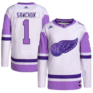 Terry Sawchuk Youth Adidas Detroit Red Wings Authentic White/Purple Hockey Fights Cancer Primegreen Jersey