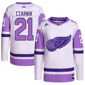 Austin Czarnik Men's Adidas Detroit Red Wings Authentic White/Purple Hockey Fights Cancer Primegreen Jersey