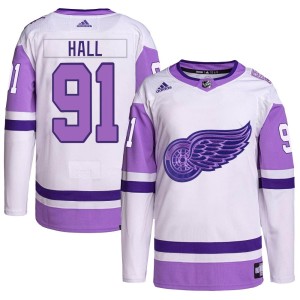 Curtis Hall Men's Adidas Detroit Red Wings Authentic White/Purple Hockey Fights Cancer Primegreen Jersey