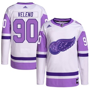 Joe Veleno Men's Adidas Detroit Red Wings Authentic White/Purple Hockey Fights Cancer Primegreen Jersey