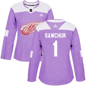 Terry Sawchuk Women's Adidas Detroit Red Wings Authentic Purple Hockey Fights Cancer Practice Jersey